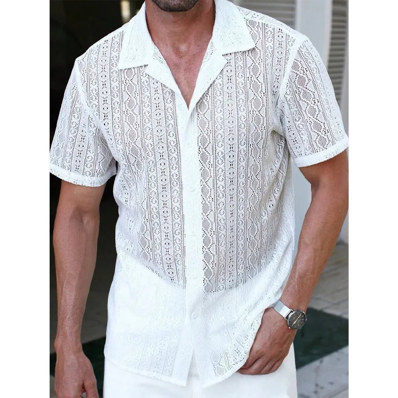 Spring and Summer Men's Sexy Short-sleeved Shirt, Outdoor Leisure Beach Men's Top Shirt, Comfortable Breathable Shirt for Men
