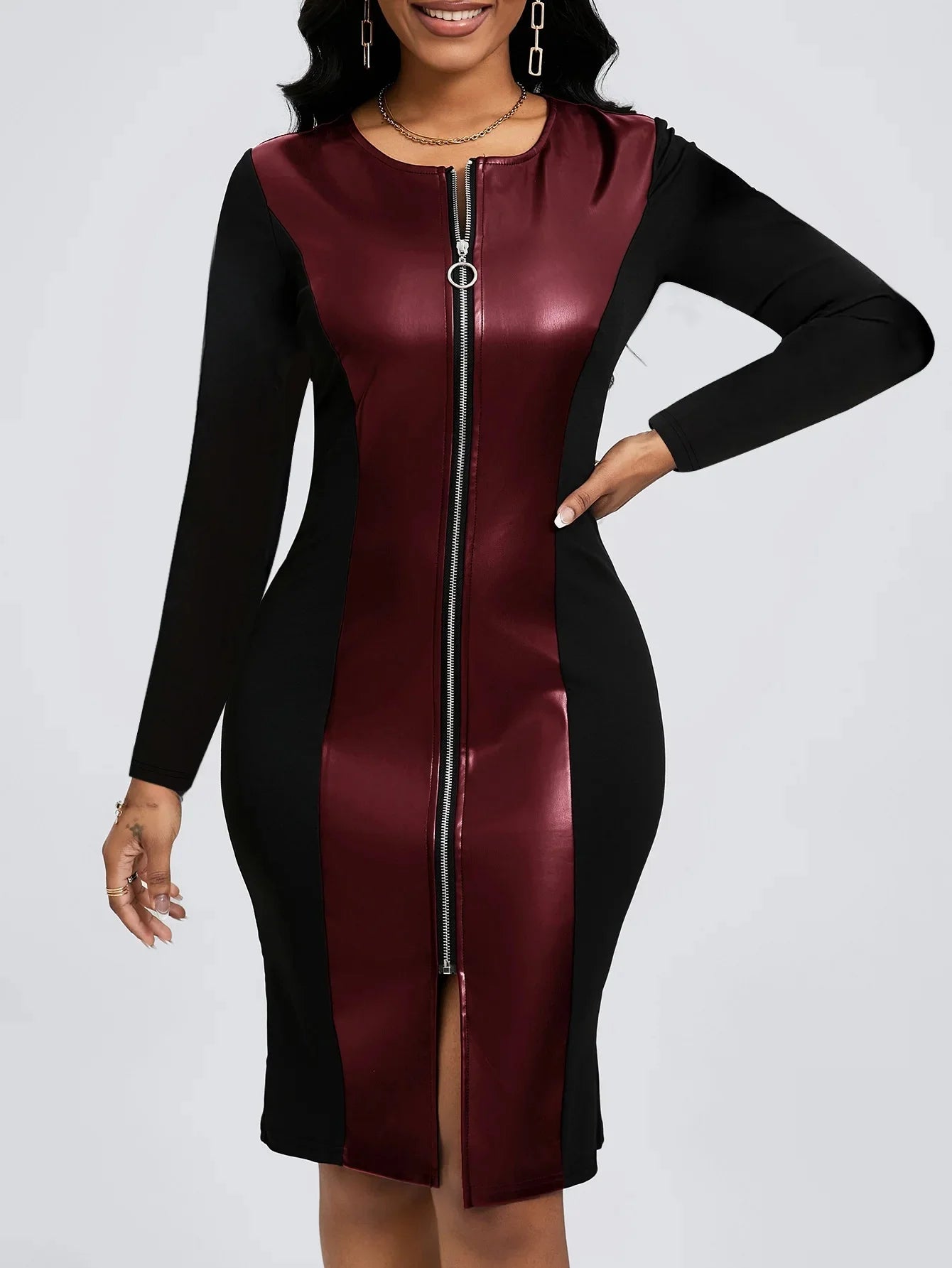 Plus Size Elegant Zipper PU Leather V-Neck Midi Long Sleeve Bodycon Dress Women's plus Size Dress Fashionable Cross-Border Gown