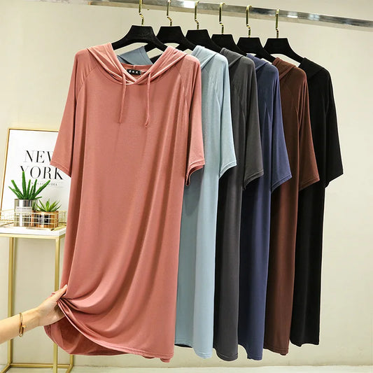 Spring Summer Hooded dress half sleeves Modal Casual Loose Long dress Solid colors female clothing streetwear