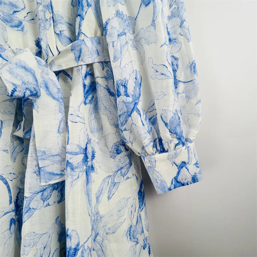 Lightweight Blue Printed Dress with Lace-up Waist Shirt Collar Ruffle 25 Spring and Summer New Style Dresses for Women Elegan