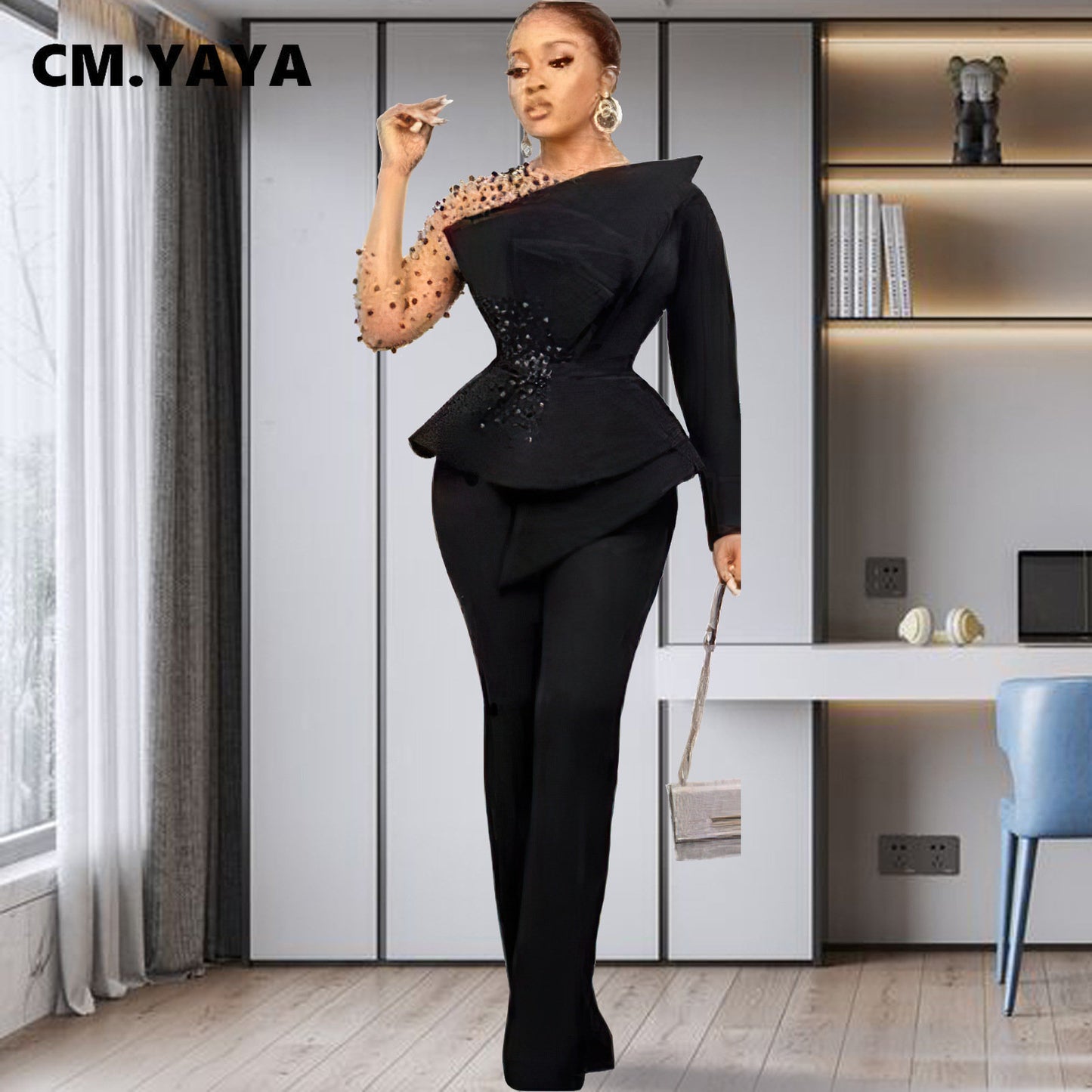 CM.YAYA Vintage Women Beading Mesh Patchwork Ruffles Fan-shaped Blazer Tops and Pants Suit Two 2 Piece Set Outfits Tracksuit