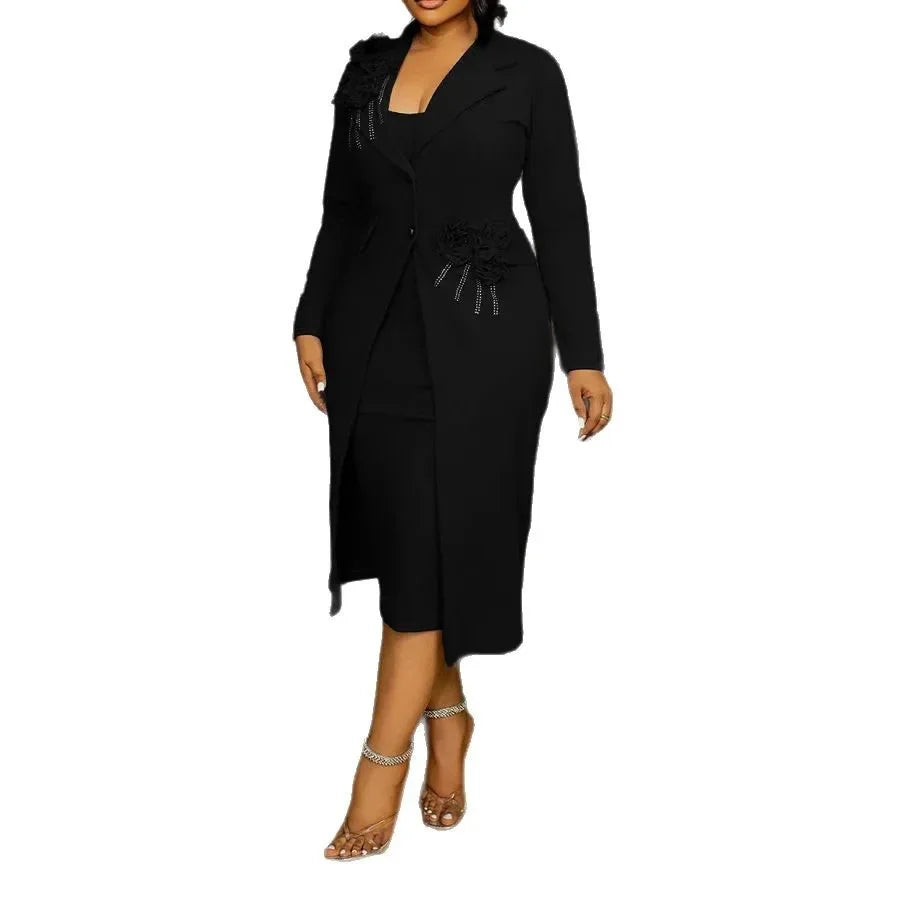Elegant Elastic Slim Fit Floral Pearl Embellished Wrap around Suit Jacket with Inner Strap Two Piece Set Women's Fashion