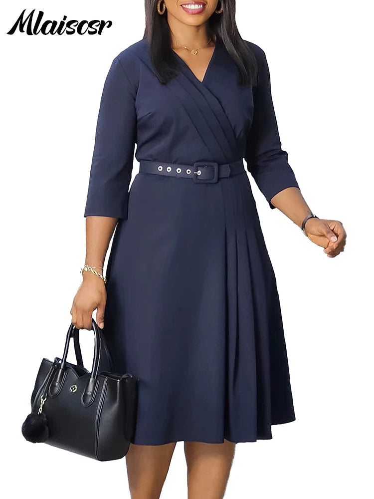 Mlaiscsr Evening Gowns Dresses with Belt Women Clothing V Neck 3/4 Sleeves A Line Pleataed Dress Occasion Elegant Office Outfits