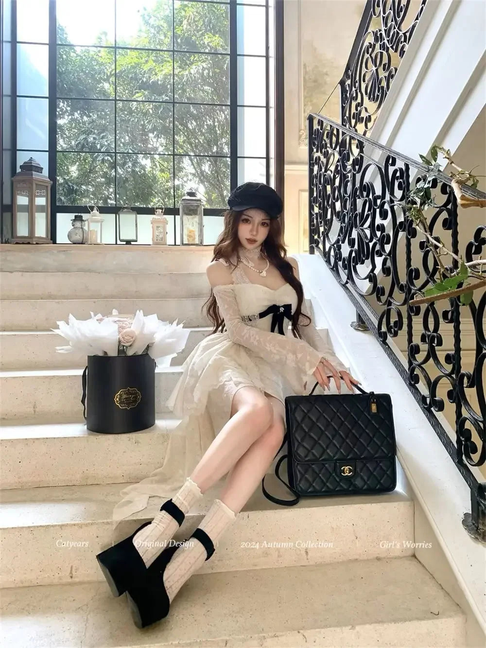 Spring Elegant Women Dress Vintage Style Long Sleeve Bow Detail Slim Fit Flared Hem Comfortable Party Dress Casual Dress 2025