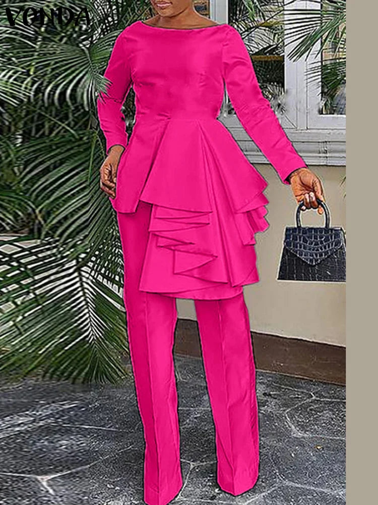 Plus Size VONDA 2024 Women Ruffled Sets Fashion Solid Color Suits Long Sleeve Irregular Top Patchwork Fitting Outfits 2pcs