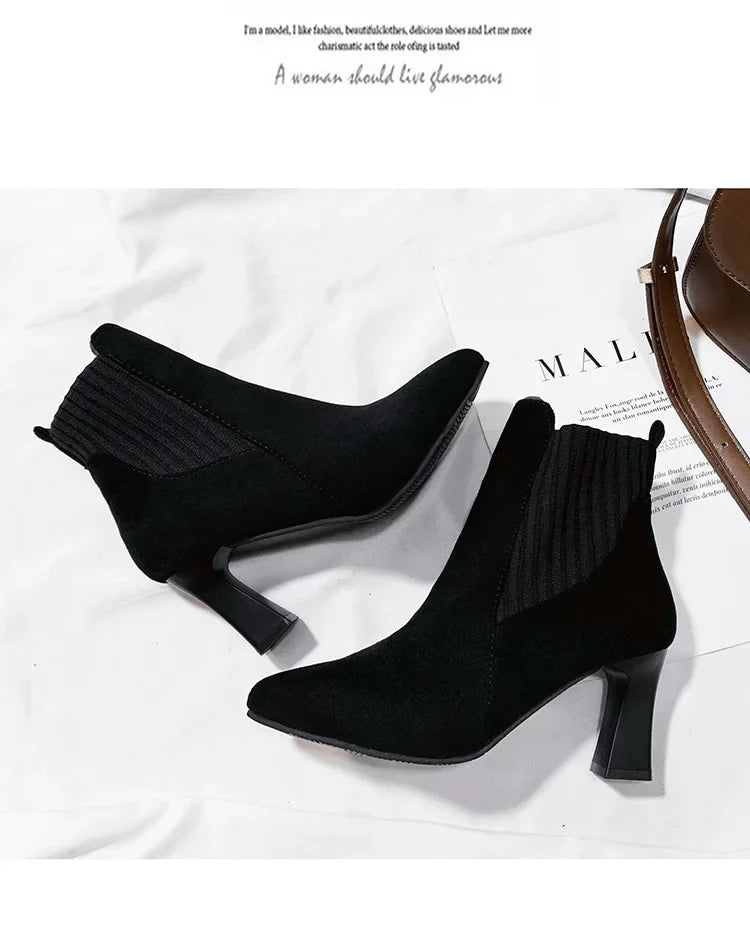 Ankle Boots Women 2024 Autumn Pointed Toe Knitted Warm Elastic Women's Shoes Casual High Heels Platform Boots Botas De Mujer