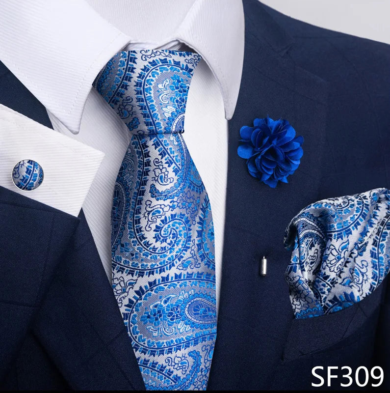 Luxury Mens Ties Floral Black Gold Ties Paisley NeckTie Pocket Square Cufflinks Brooch Set Men's Wedding Party Tie