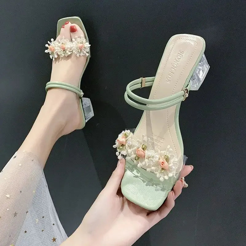 Roman Fresh Women's Sandals Summer 2024 New Style Two-wear High-heel Flip Flops Floral Thick Sole Clip-on Dress Shoes