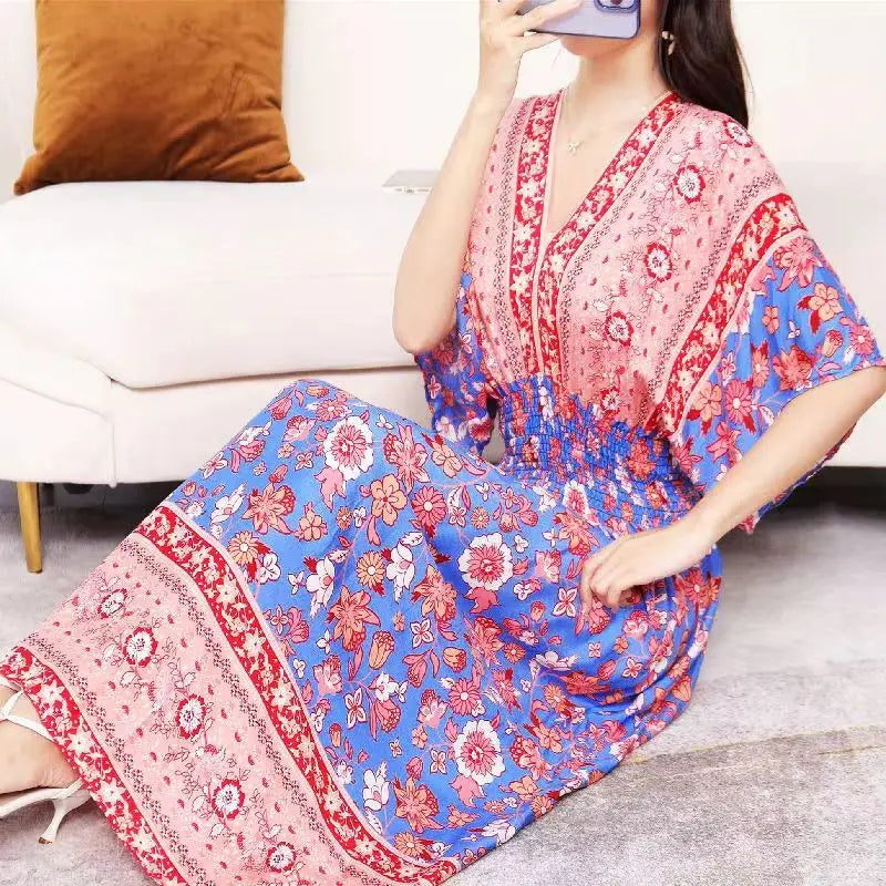 Spring New In Women's Dress V-Neck Short Sleeve Dress Elegant Sweet Print Dress Casual Retro Boho Elastic Waist A-Line Dress