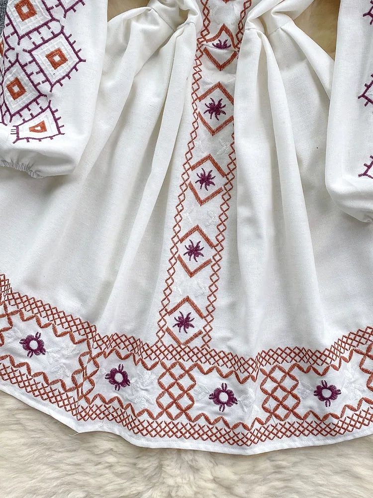 Women's Spring Dress Bohemian Retro Ethnic Style Diamond Cotton Linen Blend Embroidered Lantern Sleeves Mini Dress DS003