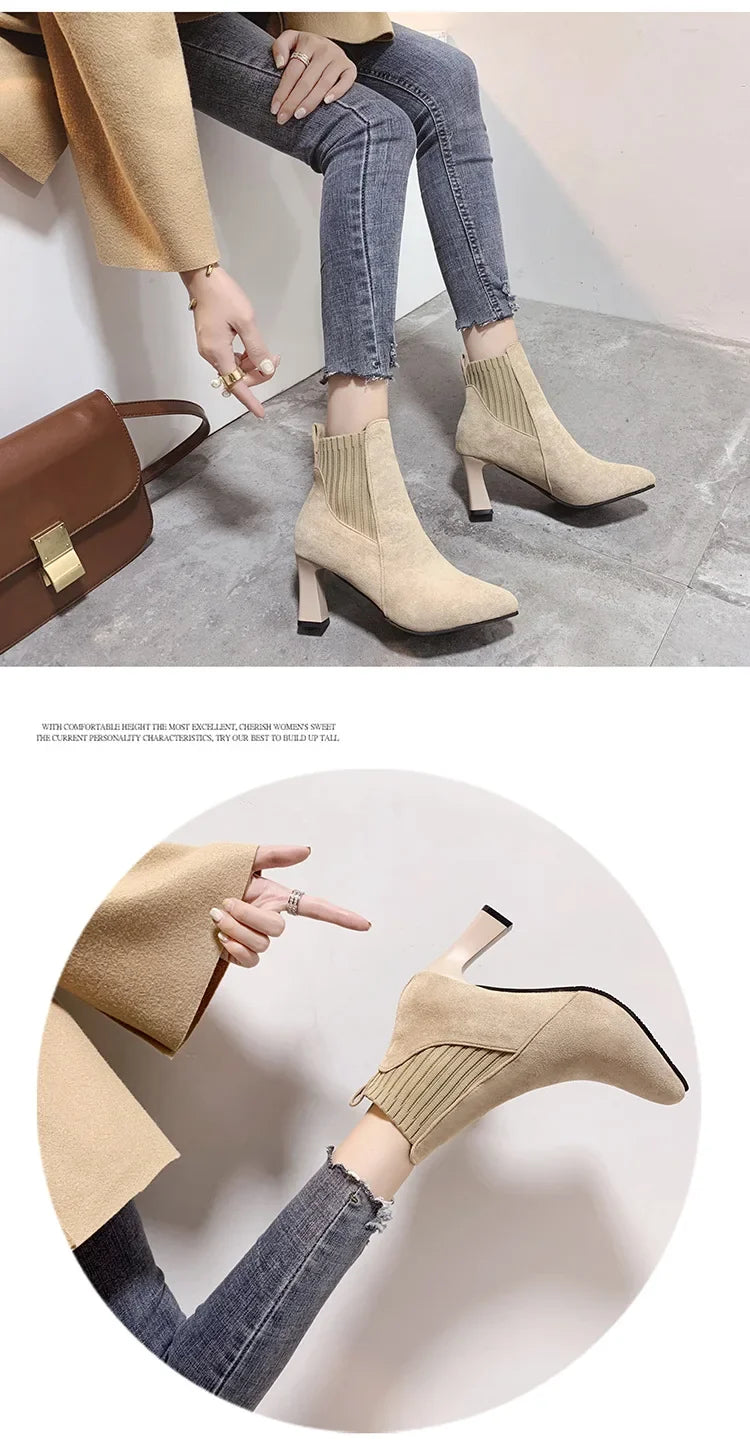 Ankle Boots Women 2024 Autumn Pointed Toe Knitted Warm Elastic Women's Shoes Casual High Heels Platform Boots Botas De Mujer