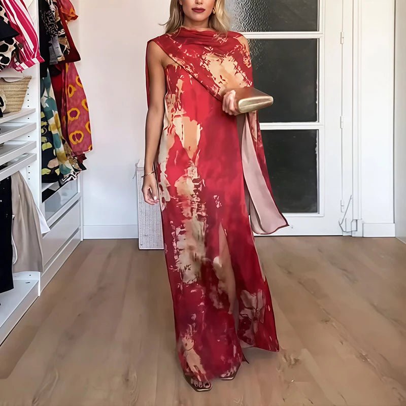 Spring Elegant Print Shawl Collar Holidays Dress Women Sexy Strapless Split Long Dress Summer Sleeveless Slim Party Maxi Dresses