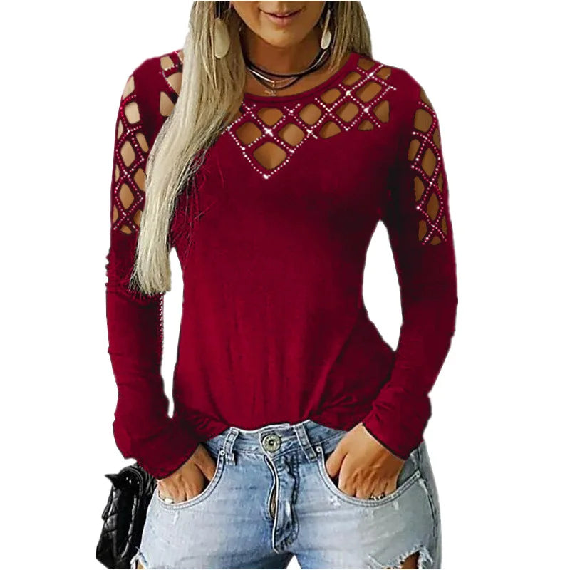 Autumn Winter New Women's Fashion Solid Color Hollow Diamond Splicing Long Sleeve T-shirt Casual Comfortable Top For Women