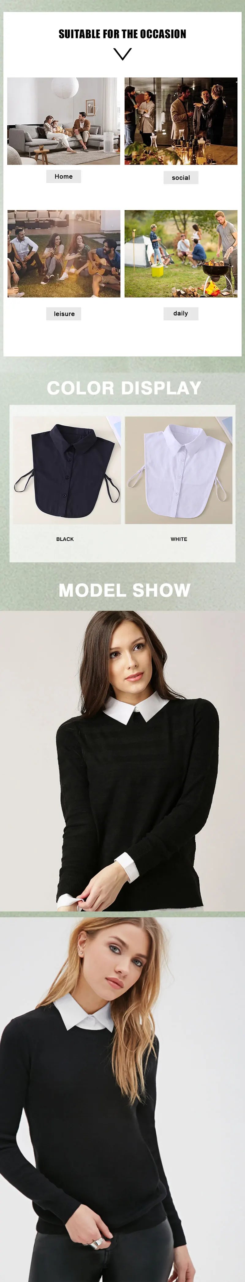 Women's Spring Fall Solid Colour Black White Vertical Small Flip Collar Versatile Shirt Jumper Jumper Fashion False Collar
