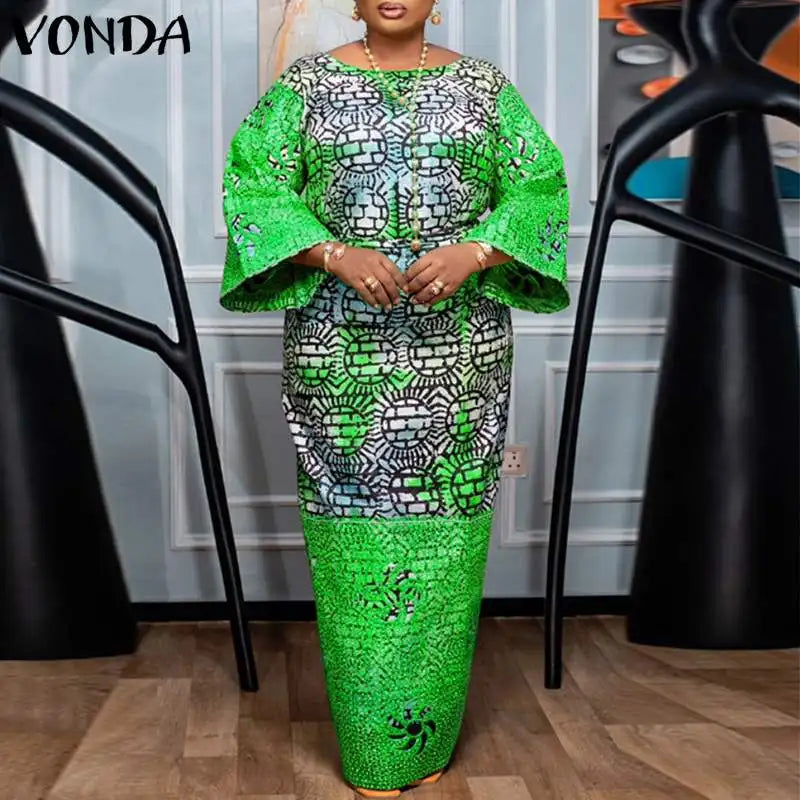 VONDA Women Dresses Bohemian Printed Long Flare Sleeve Vestidos 2024 Causal Sundress Robe Round Neck Loose Robe Oversized
