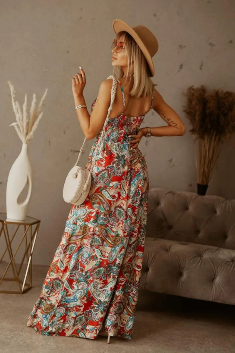 Spring Summer Elegant Women Corset Bohemian Dress Sexy New 2024 Fashion Strap V Neck High Waist Print Long Vacation Dress