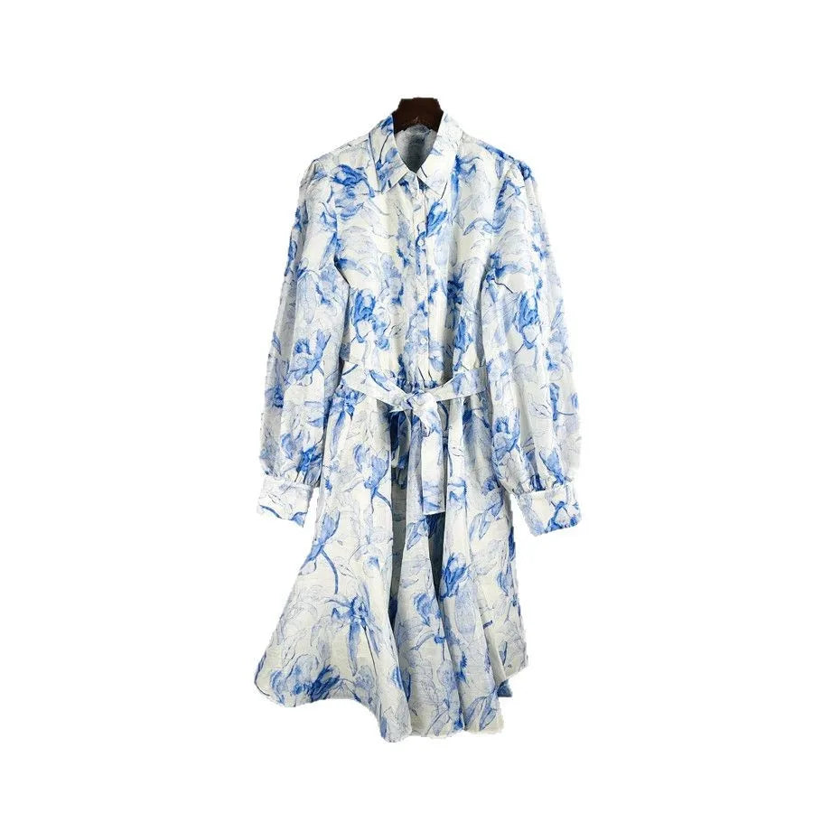 Lightweight Blue Printed Dress with Lace-up Waist Shirt Collar Ruffle 25 Spring and Summer New Style Dresses for Women Elegan