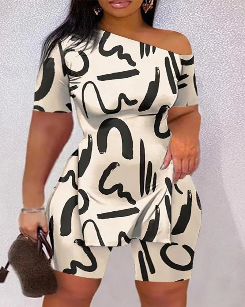 Print Two Piece Shorts Sets Women Skew Collar Short Sleeve Shirts Side Split Tops Pullover Elastic Waist Trousers Summer 2023