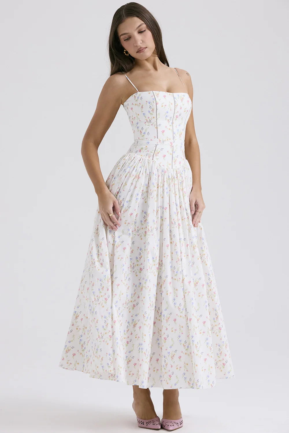 Spring Floral Print Chiffon Holiday Beach Dress Women Sexy V Neck Backless Sling Long Dress Summer Sleeveless Pleated Maxi Dress