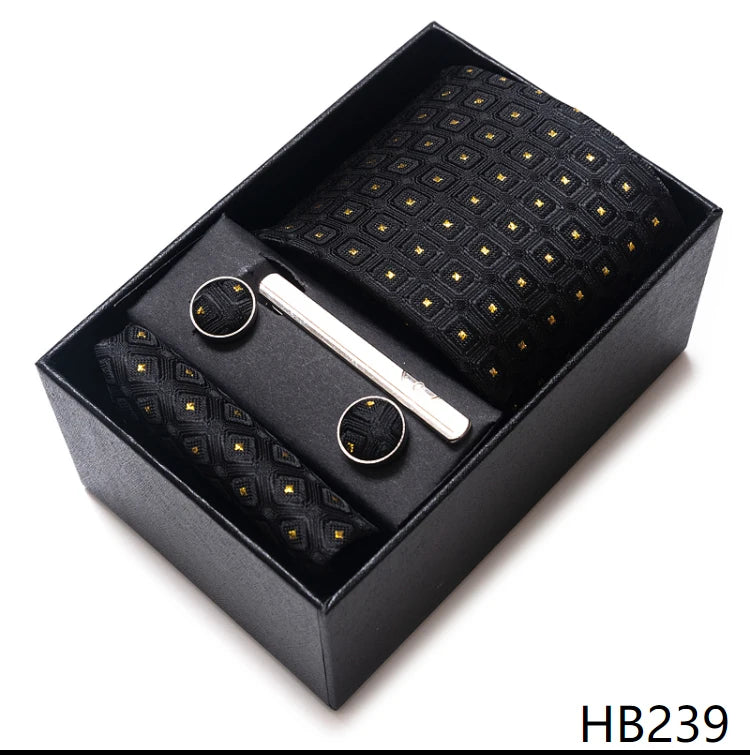 Tie Handkerchief Cufflink Set For Men Necktie Holiday Gift Box Blue Gold Suit Accessories Slim Wedding Gravatas