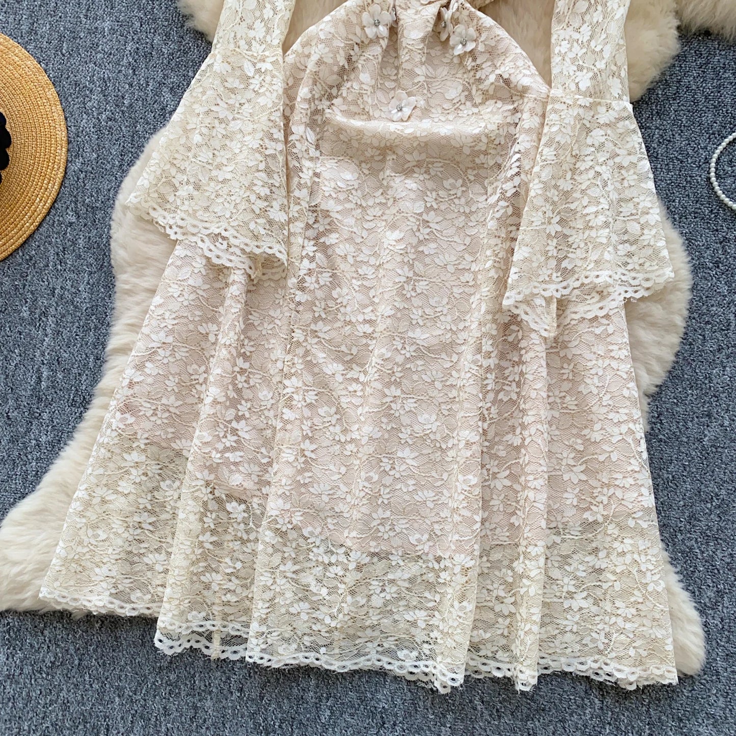 Spring France Elegant Vintage High End Evening Dress Women 3D Flower Lace Hollow Out Party Dress Female Casual Chic Clothing New