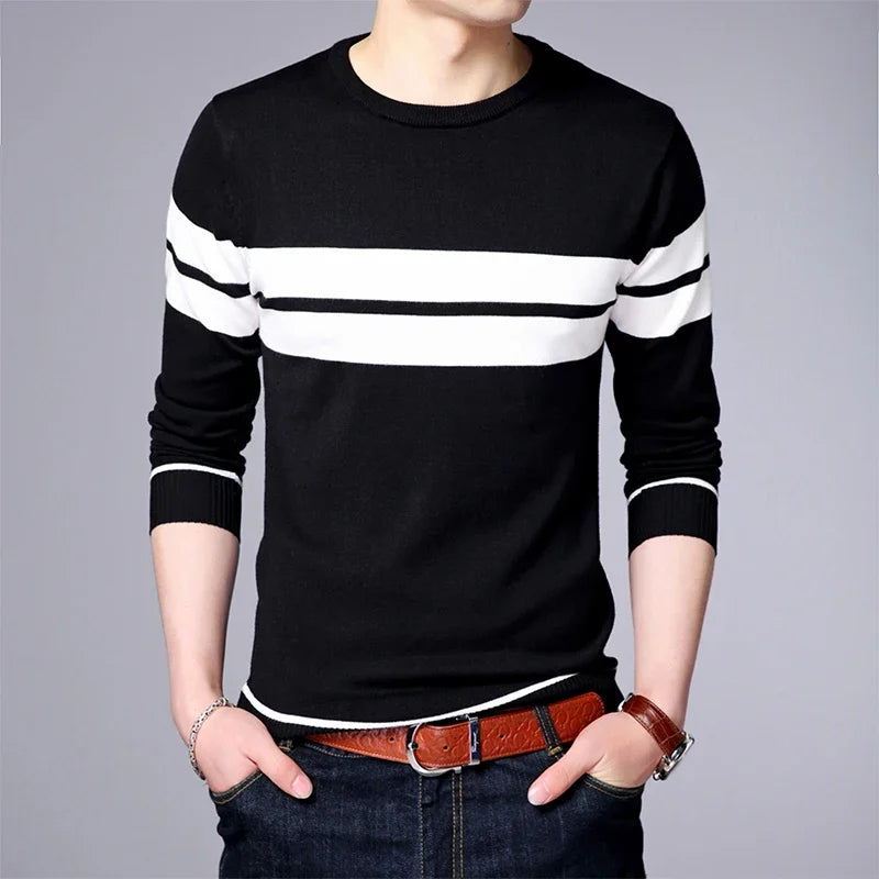 New Men's Casual Long Sleeved Striped Round Neck Knitted Sweater Comfortable Fashionable Breathable and Versatile Top