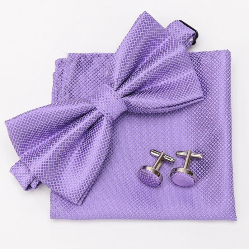 Multicolor Bowtie Pocket Square Cufflinks Sets Classic Solid Color Bowtie Wedding Party Formal Gift Plaids Adjust Neck Bow Tie