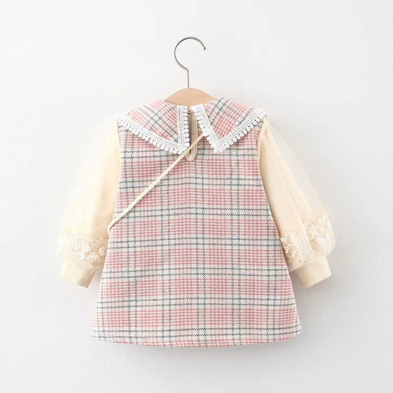 Spring and Autumn Girls' Long sleeved Dress Sweet and Fragrant Style Pattern Mesh Sleeves Princess Dress Comes with Bag