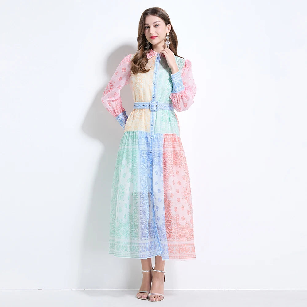 Spring Summer 2025 New Women Fashion Rainbow Print Elegant Shirt Long Dresses Vintage Single Breasted Party Dress Bohemian Trend