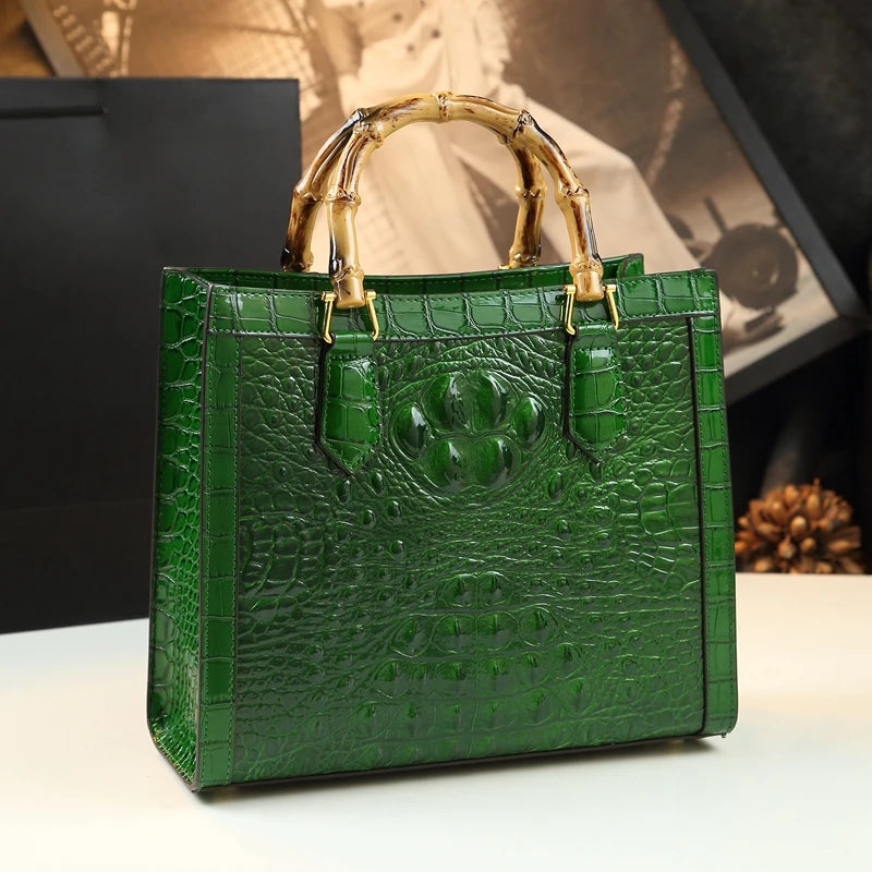 Crocodile Pattern Leather Women's Handbags Bamboo Handle Portable Tote Bag Mom Tide Shoulder Messenger Bags 2025 New Fashion