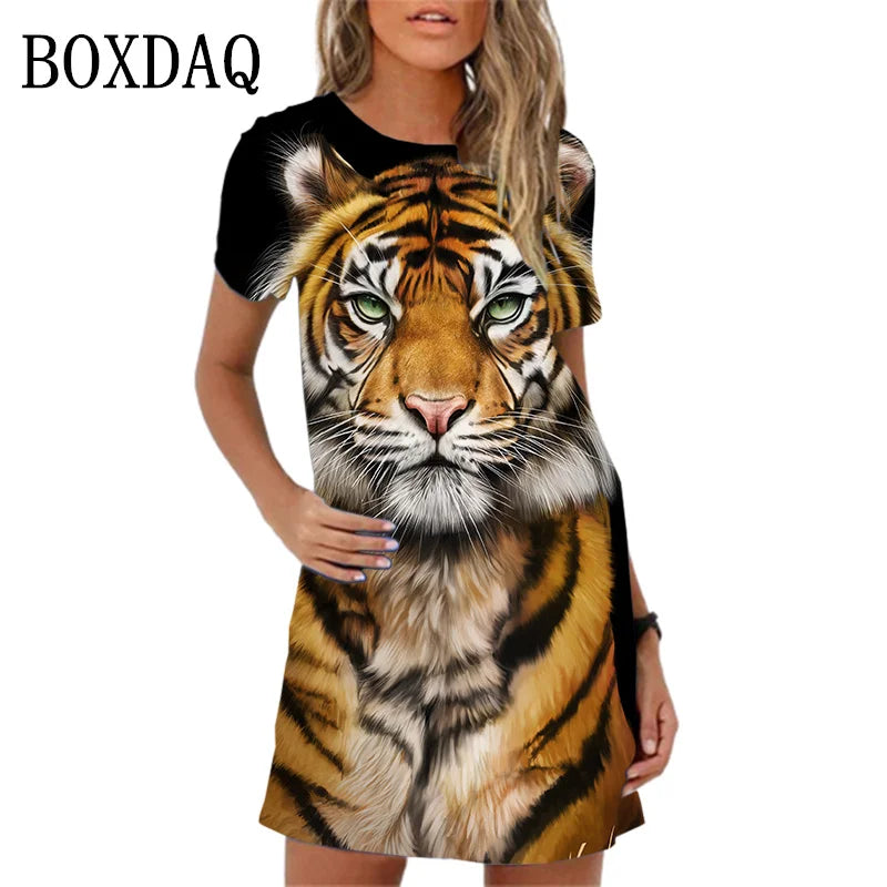 2024 New Spring Women Dresses Fashion Tiger Pattern Printing Short Sleeve Dress Summer Casual Oversized A-Line Mini Dress Womans