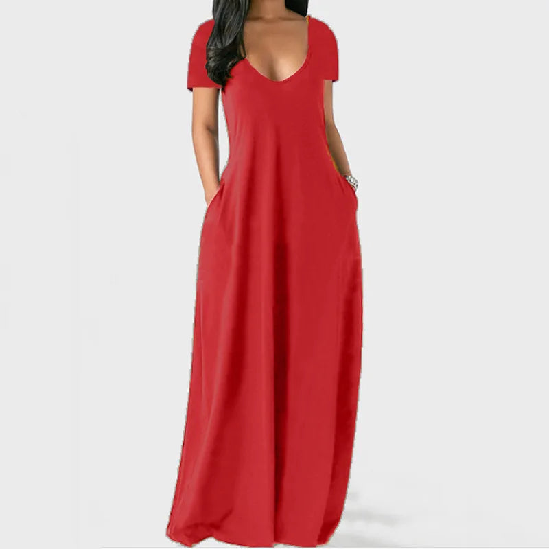 Women's S-5XL Plus Size New Evening Dress Sexy Large Women's Solid Color Dress Sexy Deep V Short sleeved Long Skirt