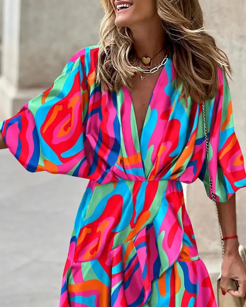 spring Irregular Mini Dress For Women Fashion Print Casual Bohemia Style Vacation Sundress Women's Bat Sleeve Ruffles Dresses