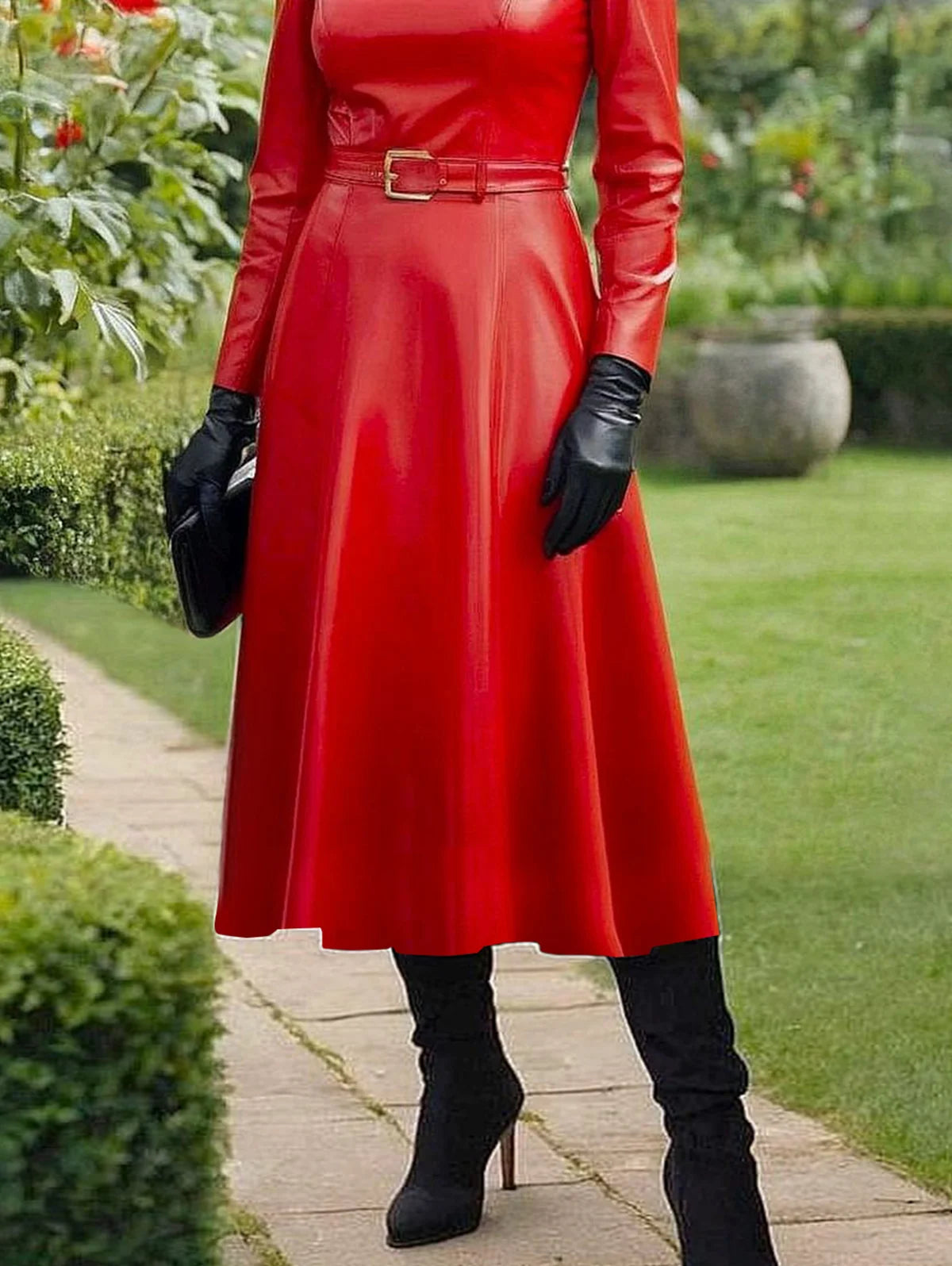 Spring Maxi Dresses for Women Mock Neck Red PU Leather Dress Woman Long Sleeve Slim Fit Elegant Dress With Belt