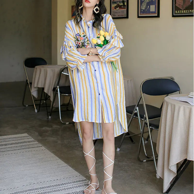 Spring Summer Floral Embroidery Dresses Contrasting Colors Striped Female Single-breasted Ruffles Spliced Straight Midi Dress