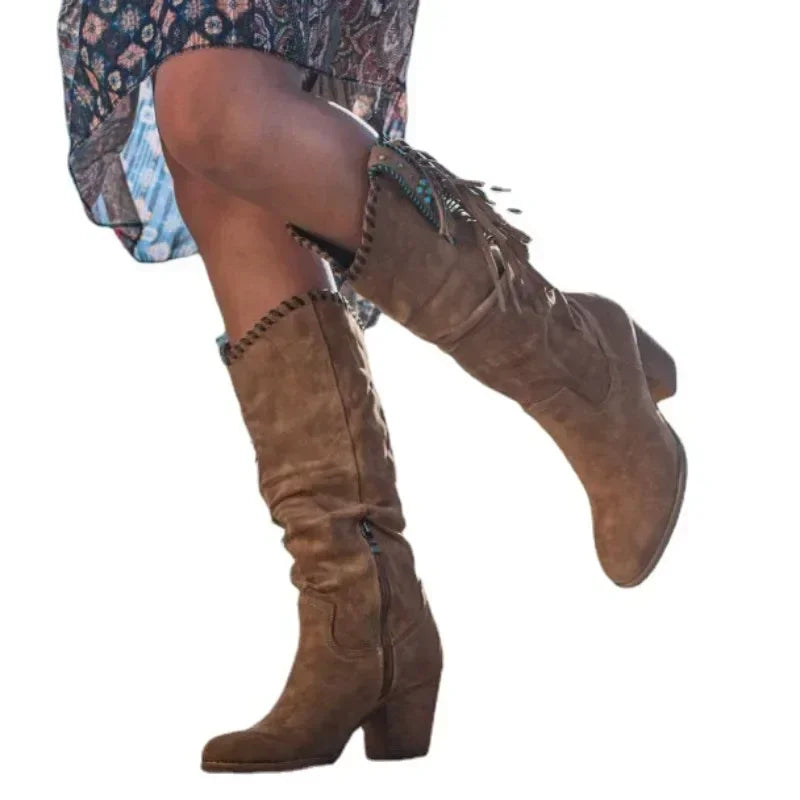 Women High Boots Trend Retro Metal Buckle Pointed Toe Thick Heel Tassle Western Cowboy Boots Female Shoes Botas De Mujer 2024