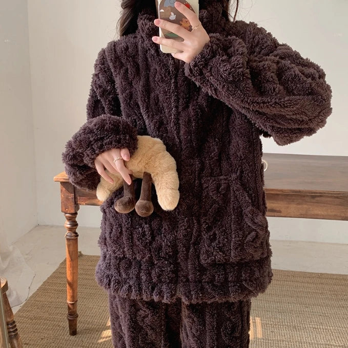 Thickened Warm 2Pcs Pajamas Set Jacquard Textured Stand Collar Zip Up Fuzzy Teddy Top & Pants Set Striped Nightwear Loungewear