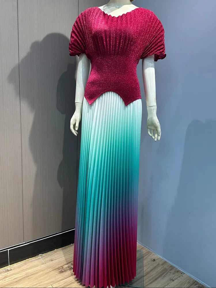 ANLAN Pleated 2 Pieces Set Women Fashion V Neck Short Batwing Sleeves Irregular Hem T-shirt&New Gradient A-line Folds Long Skirt