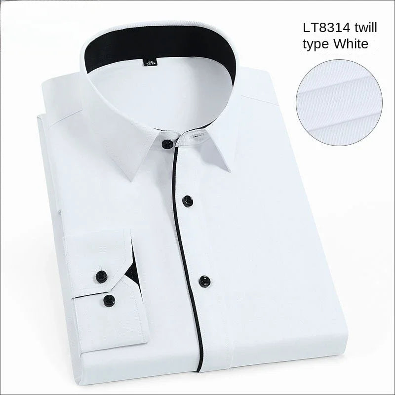 Spring and Autumn Men Dress Shirt Long Sleeve Trim Business Casual Solid Color Shirt Slim Fit White Base Layer Shirt for Male