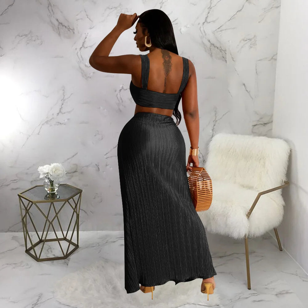 Summer Dresses for Women Two Pieces Set Sexy Backless Halter Top and High Waist Side Slit Pleated Skirt Matching Lady Streetwear