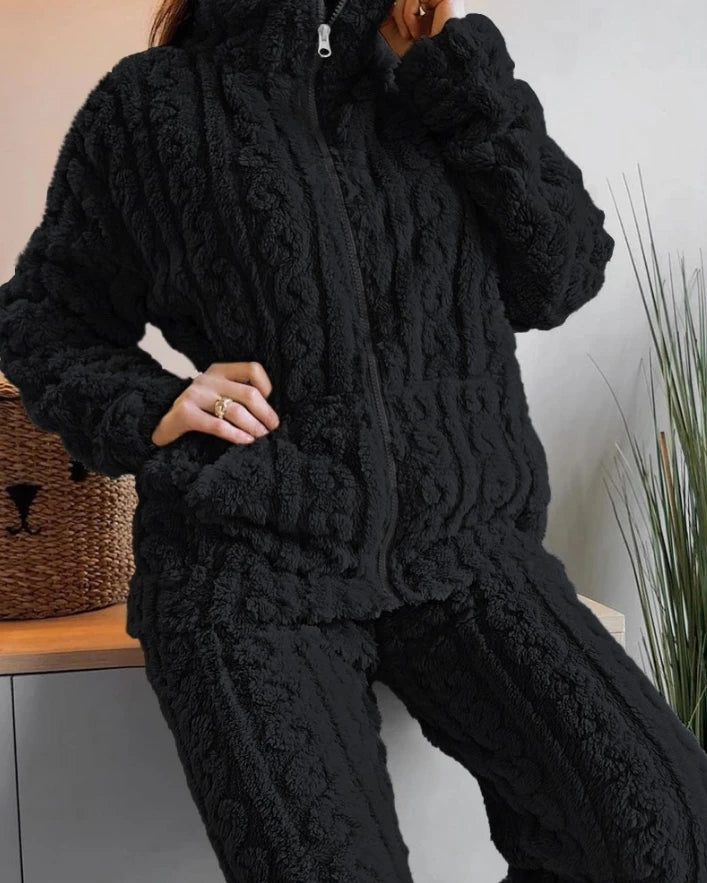 Thickened Warm 2Pcs Pajamas Set Jacquard Textured Stand Collar Zip Up Fuzzy Teddy Top & Pants Set Striped Nightwear Loungewear