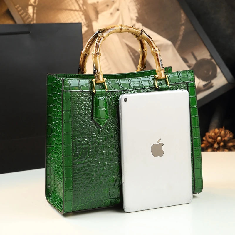 Crocodile Pattern Leather Women's Handbags Bamboo Handle Portable Tote Bag Mom Tide Shoulder Messenger Bags 2025 New Fashion