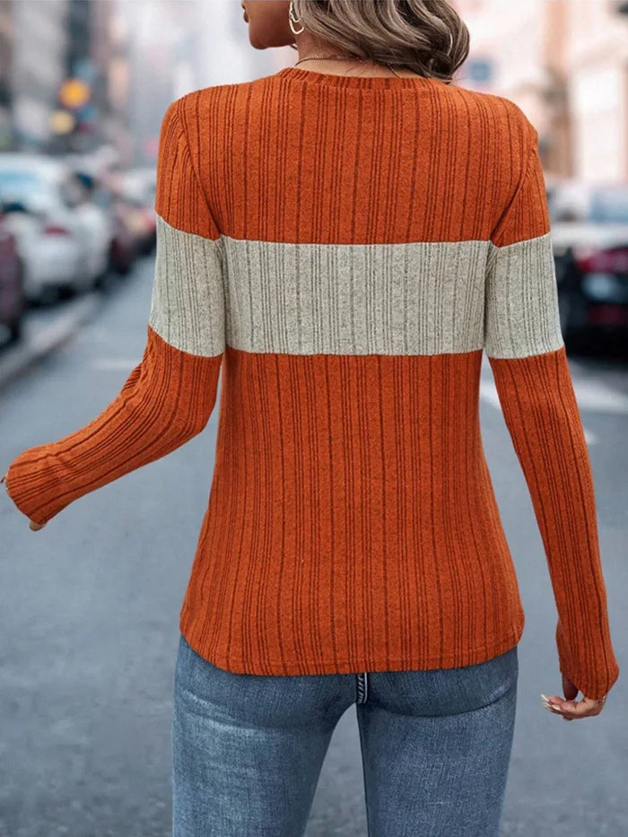 Women Tops Knitted Round Neck Full Sleeve Slim Fit Casual Regular Top Splice Tees Pleated Elegant T Shirts Autumn 2024