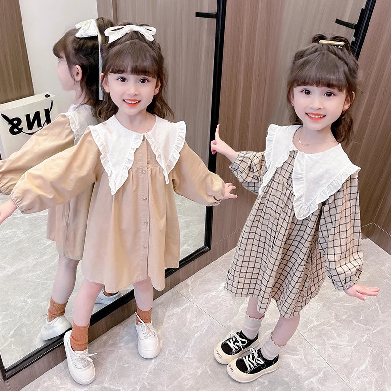 Autumn/Winter Girls' Dress Lapel Lace Lace Pleated Plaid/Solid Color Puffy Sleeve Garden Cotton And Linen Dress (Girls 0-3 Years