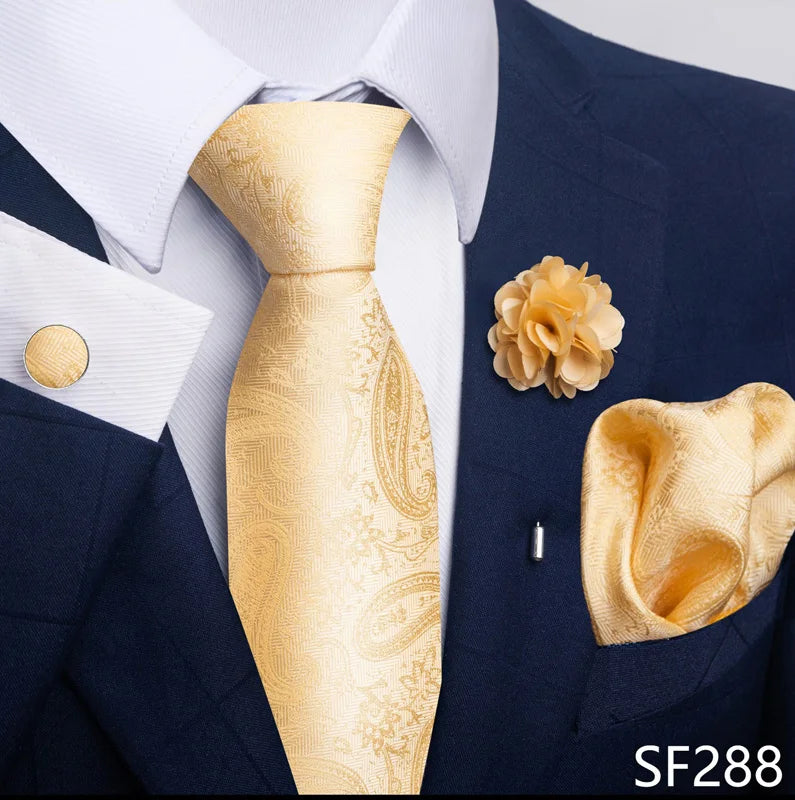 Luxury Mens Ties Floral Black Gold Ties Paisley NeckTie Pocket Square Cufflinks Brooch Set Men's Wedding Party Tie