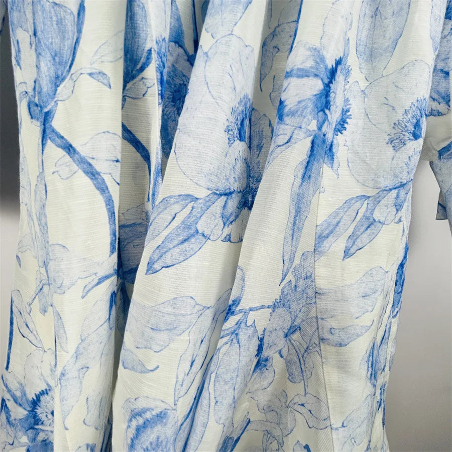 Lightweight Blue Printed Dress with Lace-up Waist Shirt Collar Ruffle 25 Spring and Summer New Style Dresses for Women Elegan