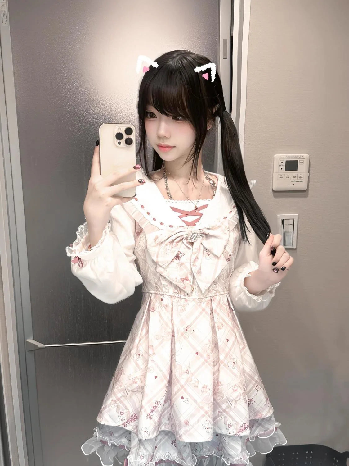 Spring Summer Pink Cute Casual Long Sleece Dresses for Women Bow Printed Bear Navy Collar Princess Dress Waist Pleated
