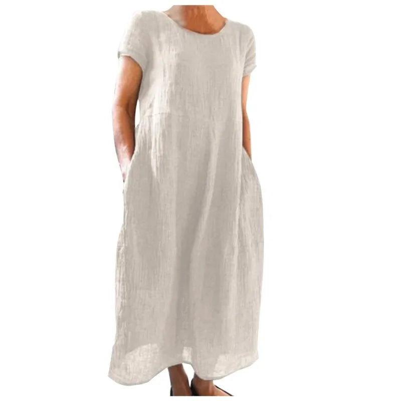 Spring Summer Woman Long Dress Office Lady Fshion Casual Loose Solid O-neck Short Sleeve Dresses For Women 2024 Female Robe