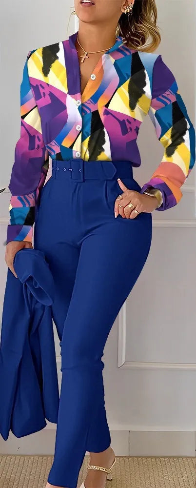 Women's Elegant Autumn/Winter Printed V-Neck Long Sleeve Button Shirt Top Fashion Solid Color Long Pants 2 Piece Set With Belt