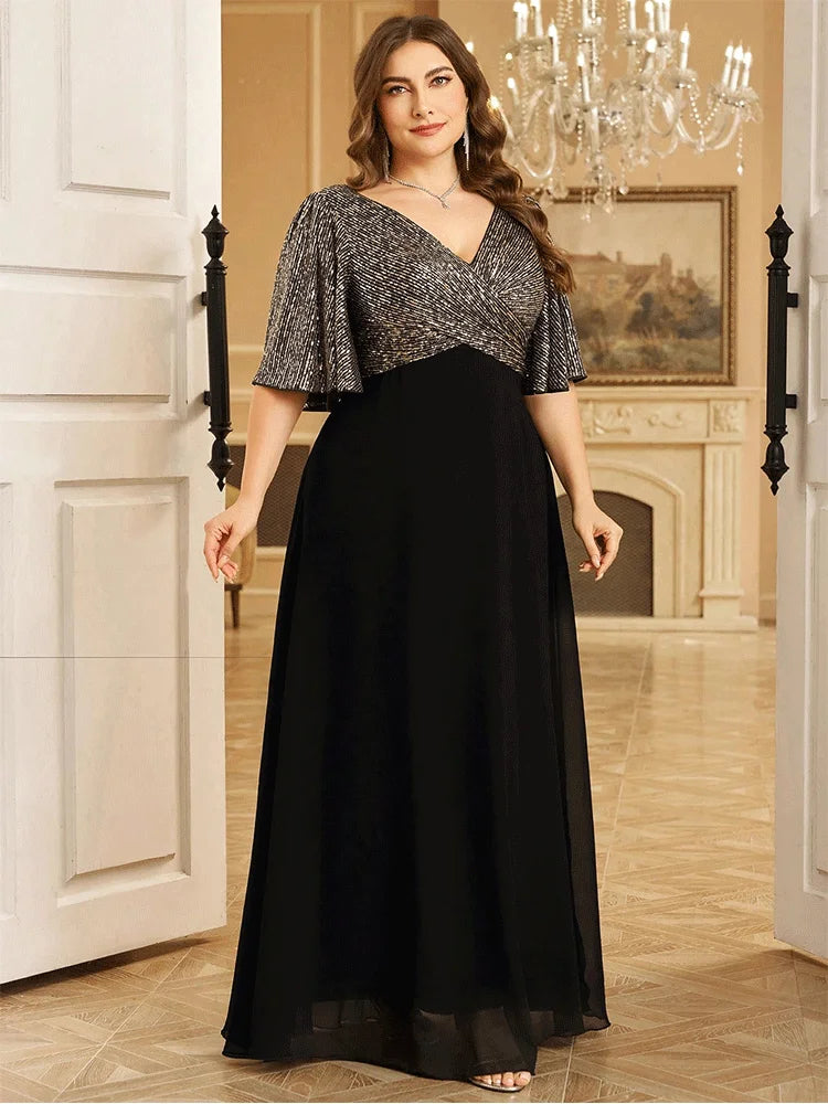 Plus Size V-neck Short Sleeve Black and Silver Sequined Mesh Floor-length Evening Dress 4XL 5XL Big Size Shiny Evening Dress